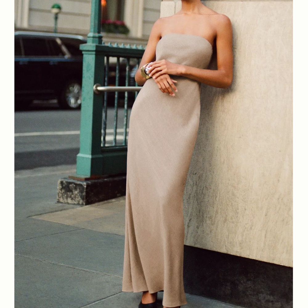 Anthropologie long strapless dress tan size M. NWT